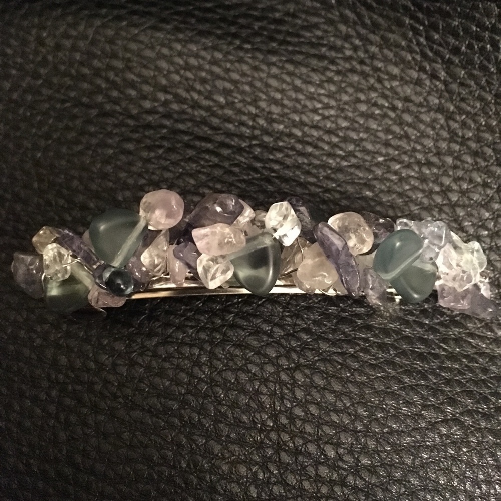 Smoky, crystal quartz, gray bead covered barrette